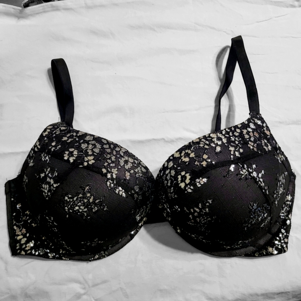 Victoria's Secret Bombshell Plunge 38D Lace Push-up Bra Black Silver